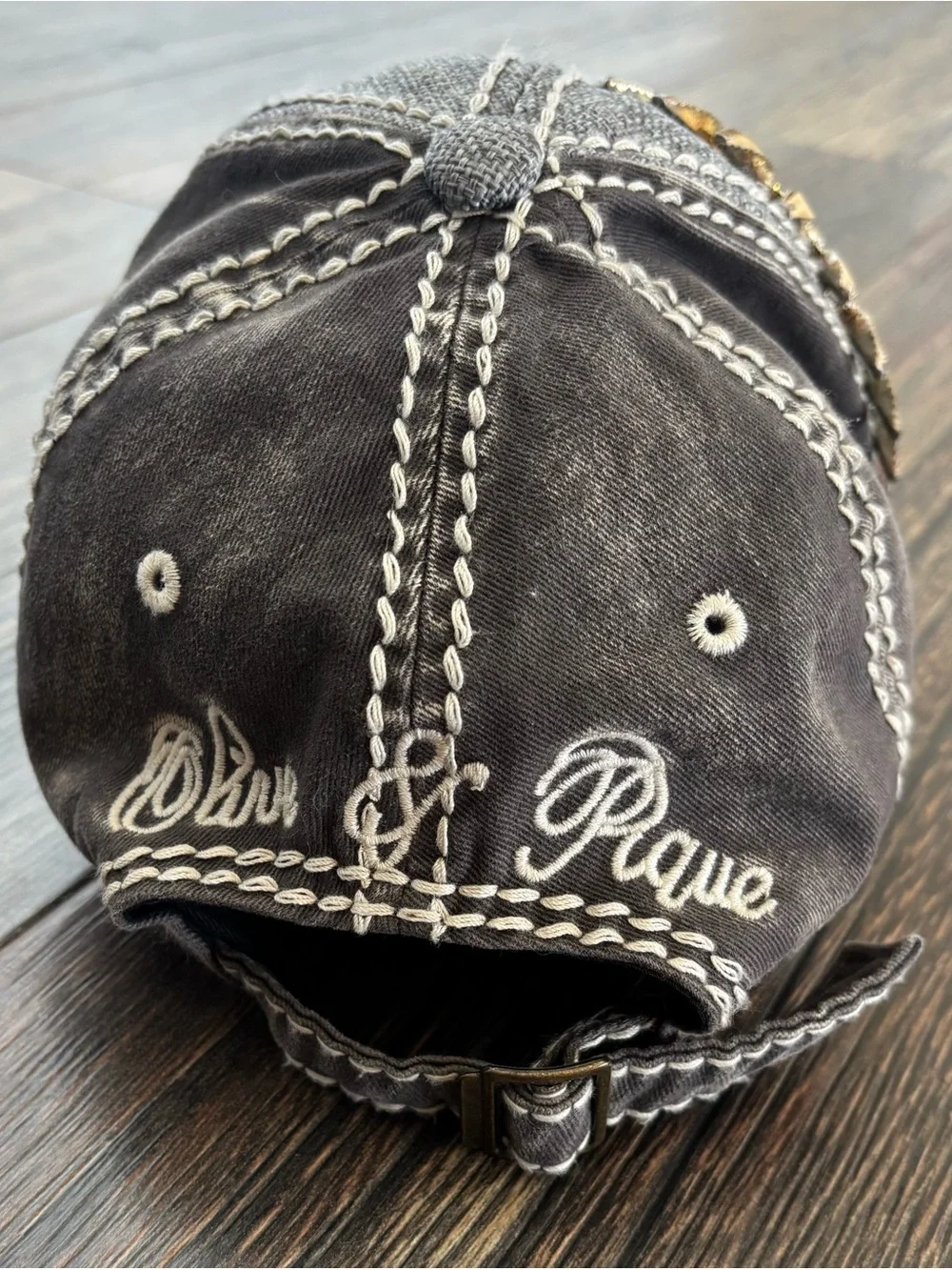 Olive & Pique Rhinestone Flower Baseball Cap Hat Washed Gray Embroidered *Read - Picture 6 of 11